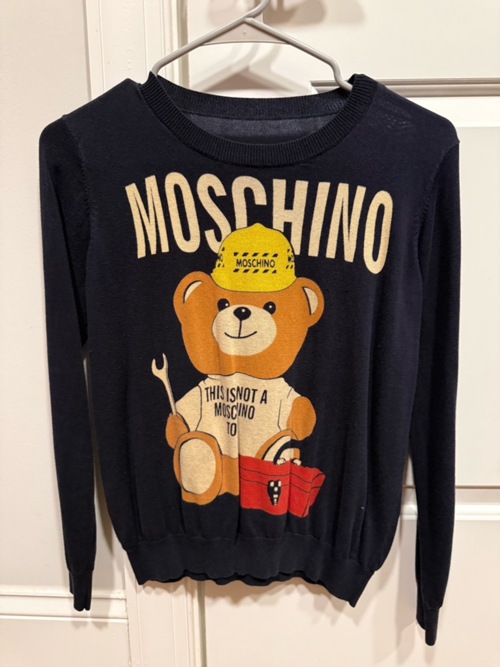 Moschino Navy Sweater with Cream Warning Text